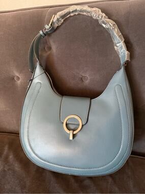 Teal Leather Crescent Shoulder Bag with Silver Ring Accent